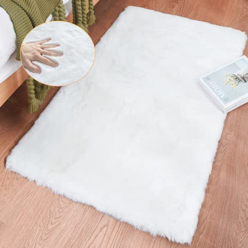 ORINOVA White Faux Bunny Fluffy Fur Rug Washable Area Rugs for Living Room Nursery Rugs for Bedroom 2x3 Rectange Rug Cute Home Décor - color: White, size: 2' x 3' (Rectangular)
