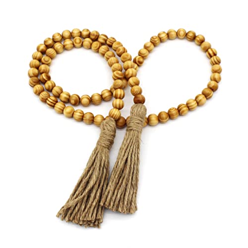 CVHOMEDECO. Wood Grain Beads Garland with Tassels Farmhouse Rustic Wooden Prayer Bead String Wall Hanging Accent for Home Festival Decor. Light Tan - color: Light Tan