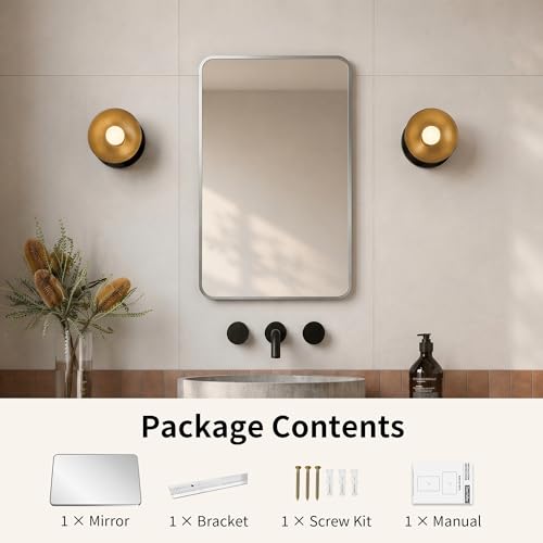 DeerValley Bathroom Mirror with Black Frame, Rounded Rectangle - color: Silver, size: 36"L x 24"W