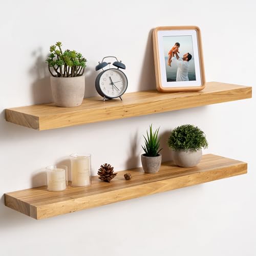 fuqing Floating Shelves for Wall, 30 Inch Rustic Solid Elm Wood Shelves - color: Natural Elm Flat Edge - 6.7"d, size: 30"L - 2Packs