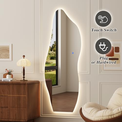 QDSSDECO 63" x 24" LED Full Length Wall Mirror, Wavy Frameless Design - color: Led Cloud