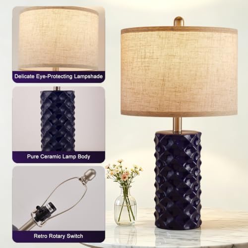 Star Diamond Ceramic Table Lamps Set of 2 - Dark Blue Nightstand Lamps 23" - color: Dark Blue