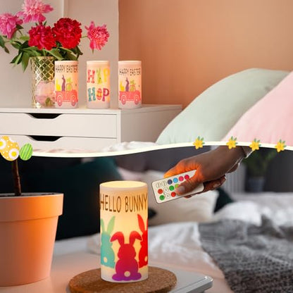 Retisee 3 Pcs Pastel Easter Flameless LED Candles Battery Operated Bunny Spring Flickering Pillar Candles with Remote Pastel Easter Decoration Centerpiece for Bedroom Living Room Dinner Table Decor - style: Pastel