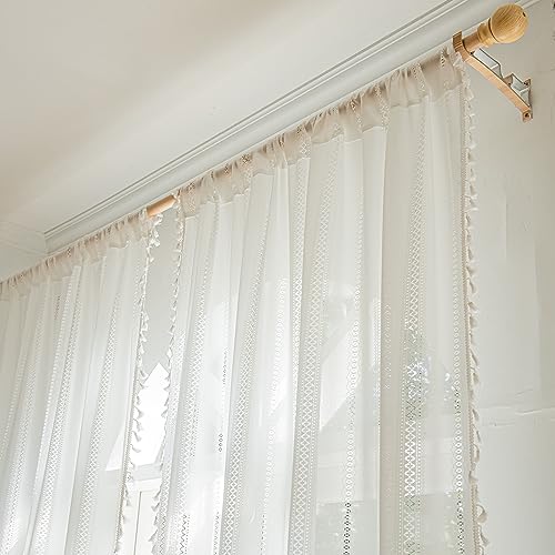 Sutuo Home Boho Curtains 2 Panels 63 Inches Length for Bedroom, Window Treatments Bohemian Geometry Knitted Sheer Crochet Lace Vintage Cotton Drapes Pair Tassels, Rod Pocket, 52" x 63" Ivory - color: Ivory Striped, size: 52"W x 63"L (Pack of 2)