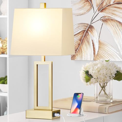 Lolikit 23.5" Touch Control Table Lamps, Metal Bedside Lamp for Bedroom Set of 2 with USB A+C Ports & AC Outlet, 3-Way Dimmable Nightstand Lamp for Living Room (LED Bulb Included) - color: Gold - 23.5"H