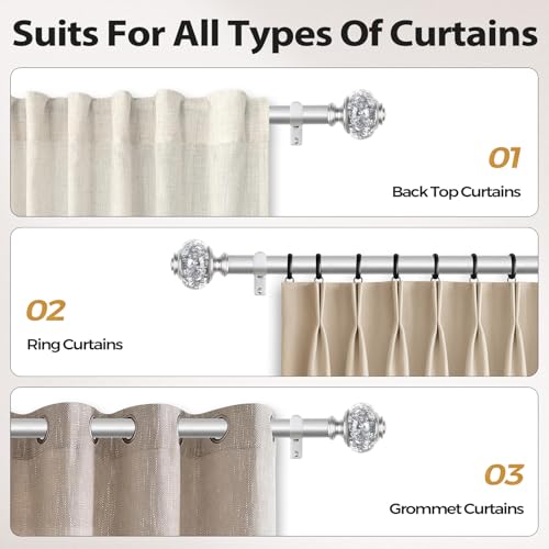 1 Inch Curtain Rods 36 to 72 Inches(3 to 6 ft) Telescoping Single Drapery Rod, USFOOK Silver Curtain Rods for Windows 24 to 68 Inches with Translucent Finials - color: Silver, size: 36-72"
