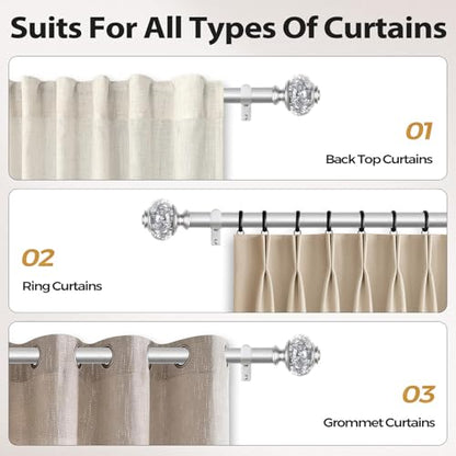 1 Inch Curtain Rods 36 to 72 Inches(3 to 6 ft) Telescoping Single Drapery Rod, USFOOK Silver Curtain Rods for Windows 24 to 68 Inches with Translucent Finials - color: Silver, size: 36-72"