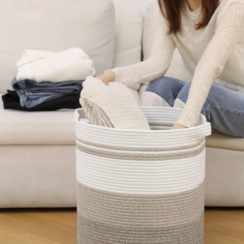 80L Foldable Cotton Rope Laundry Hamper, Oversized Woven Storage Basket with Sturdy Handles for Blankets Toys Nursery, Triple Brown Earth Tone