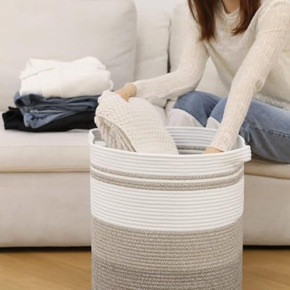 80L Foldable Cotton Rope Laundry Hamper, Oversized Woven Storage Basket with Sturdy Handles for Blankets Toys Nursery, Triple Brown Earth Tone