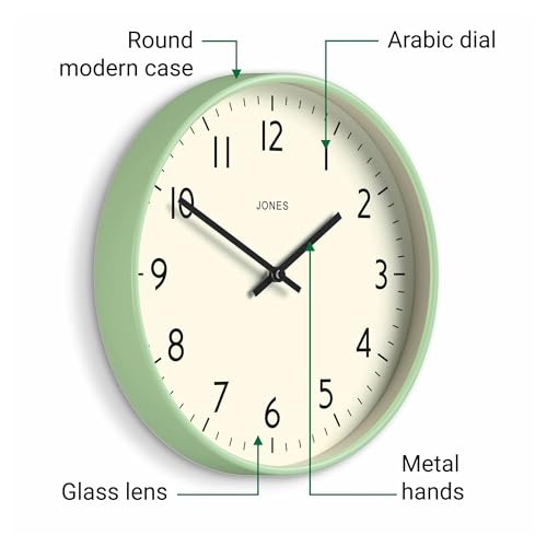 JONES CLOCKS® Studio Clock | Modern Round wall Clock | 12" | Neo Mint - color: Neo Mint