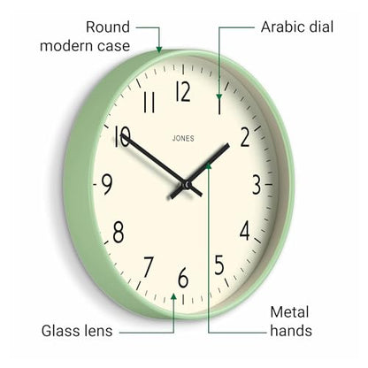 JONES CLOCKS® Studio Clock | Modern Round wall Clock | 12" | Neo Mint - color: Neo Mint