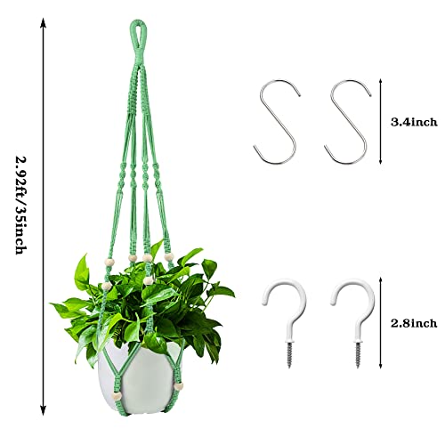 Augshy Macrame Plant Hangers Green Hanging Planters for Indoor Outdoor Home Decor, Hanging Plant Holder No Tassels Set of 2 with 4 Hooks - color: Green, size: 35 Inches