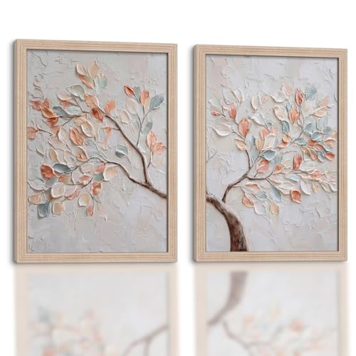 2Pc Framed 3D Floral Wall Art Abstract Tree with White Blue Flower Accents Decorative Print Poster Gallery Style Artwork Modern Wall Decor for Living Room Bedroom 16x24 Inches Ready to Hang - color: 3D Trees, size: 16x24in