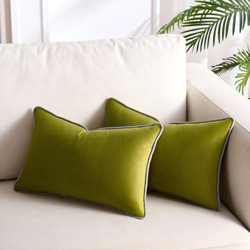 12x20 Pillow Case Olive Green Throw Pillow Covers Set of 2 Minimalist Style Velvet Cushion Covers Throw Pillow Covers Gray Rope Edging Soft Square Cushion Cases for Sofa Bedroom Party Decor - color: Olive Green, size: 20" x 12" (Pack of 2)