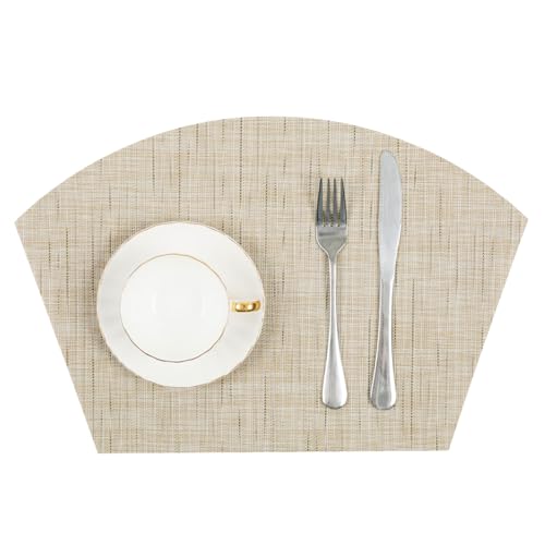 SHACOS Round Table Placemats Wedge Shaped Placemat Set of 4 Non Slip Heat Resistant Woven Vinyl Table Mats Wipe Clean Indoor Outdoor (4, Beige Yellow) - color: Beige Yellow