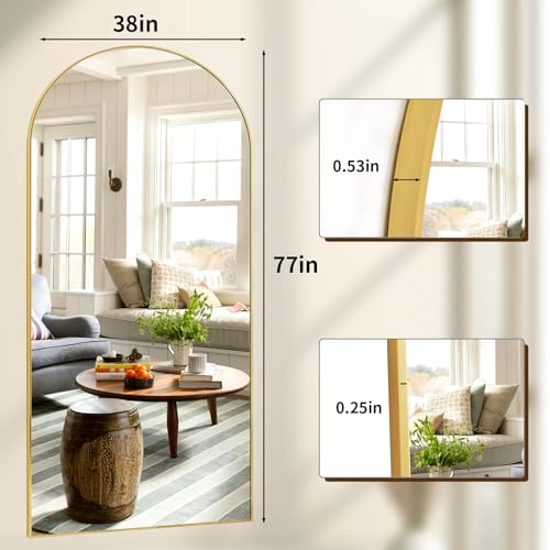 XRAMFY 78"x38" Gold Arched Full Length Mirror with Aluminum Alloy Frame - color: Gold, size: 78"L x 38"W