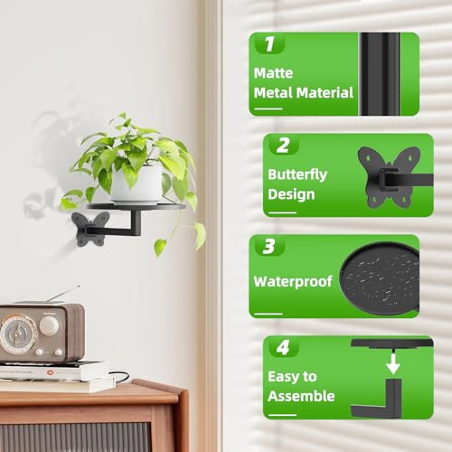 Wall Plant Holder 2 Pack Butterfly Bracket Floating Sheves Wall Mounted Metal Plant Stand Wall Planter Rack Hanging Plant Shelf for Succulent Cactus Herb Small Potted Plants Farmhouse Rustic Home Wall Decor