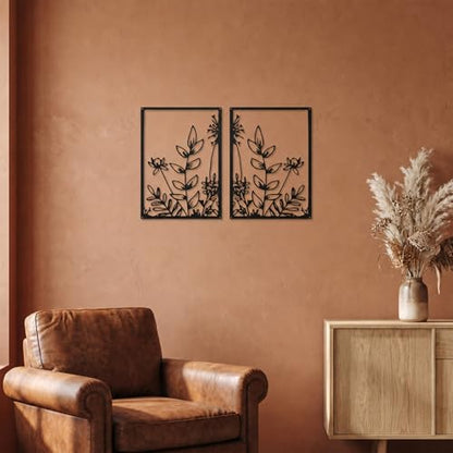 Afcabakila 3 Pcs Black Metal Wall Art Minimalist Wall Decor Modern Minimalist Floral Single Line Living Room Wall Decor Metal Boho Flower for Bedroom Kitchen Bathroom 16.5x11.8 Inch