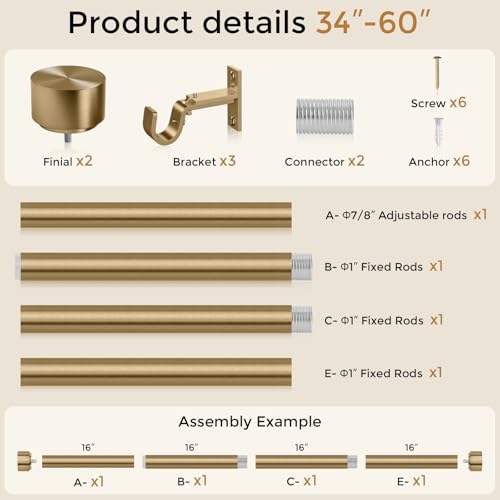 Heavy Duty Antique Brass Curtain Rod, 36-56 Inch, Warm Gold - color: Warm Gold, size: 36''-56'' (1 Pack)