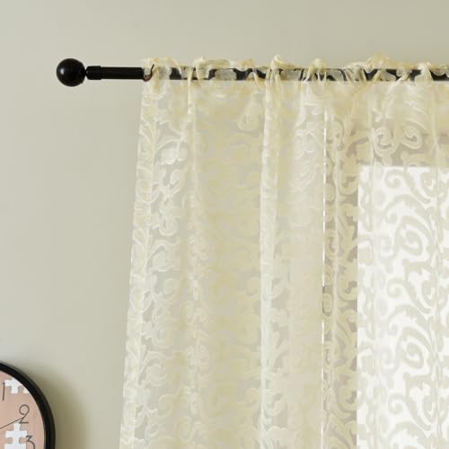 NAPEARL Sheer Cream Curtains Set of 2 Panels, Jacquard Sheer Curtains for Living Room, Organza Transparent Rod Pocket Window Drapes - color: Cream Scroll, size: 52"W x 84"L (Pack of 2)