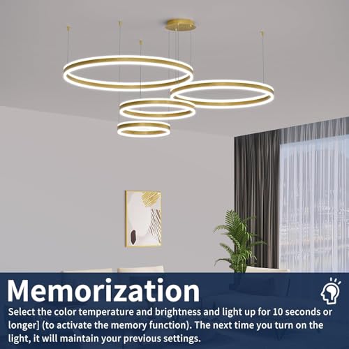 Modern LED Chandelier Light, 4 Ring Gold Pendant Lighting Fixture, Adjustable Hanging Ceiling Lamp for Dining Room, Kitchen Island, Entryway, Living Room, Dimmable Dining Light Over Table