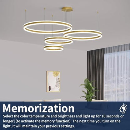 Modern LED Chandelier Light, 4 Ring Gold Pendant Lighting Fixture, Adjustable Hanging Ceiling Lamp for Dining Room, Kitchen Island, Entryway, Living Room, Dimmable Dining Light Over Table