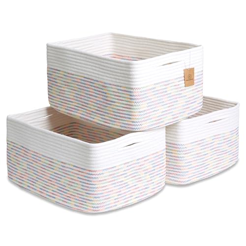NaturalCozy Storage Baskets 16.8”x13”x7.6” Cotton Rope Woven Baskets for Organizing 3-Pack | Toy Storage Bins | Basket for Shelves, Laundry, Blanket, Clothes, Closet, Kitchen, Bathroom, Gifts - color: Off White & Rainbow Stitching