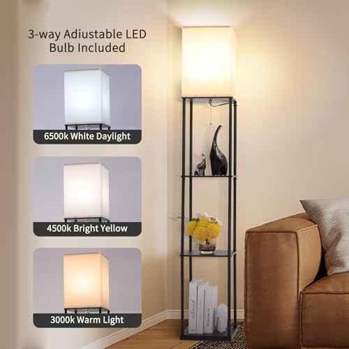 Gupuzm Floor Lamp with Shelves, Modern Square Standing Lamp with 3 Color Temperature Bulb, Corner Display Bookshelf Lamp for Living Room, Bedroom and Office (Black) - color: Black