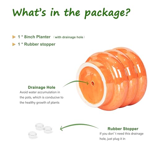8 Inch Ceramic Plant Pot with Drainage, Planter for Indoor Plants - color: Orange, size: 8 Inch (Single)
