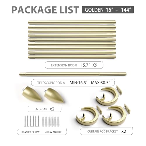 Modern Adjustable Curtain Rod Set 16 to 144 Inches, Sleek Window Rod for Bedroom, Living Room, Gold - color: GOLD, size: 16" to 144"