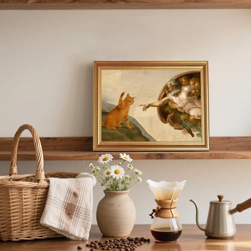 Fantasy Artists Divine Feline Encounter Gold Framed Wall Art, Easy to Hang Fade Resistant Religious Art Prints, Modern Angel & Cat Painting for Bedroom, Living Room, Bathroom, Home Office, 8x10 inch - color: Jesus Cat, size: 10"L x 8"W