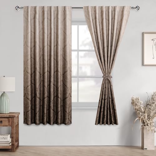 DWCN Brown Ombre Room Darkening Curtains 54 inch Length - Damask Patterned Back Tab Small Window Drapes with Tiebacks Thermal Insulted Curtains for Bedroom/Kitchen, 2 Panels, 52 x 54 Inch - color: Brown, size: 52"W x 54"L (Pack of 2)