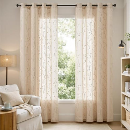 jinchan Beige Leaf Voile Embroidered Curtains 84 Inch Grommet Top 2 Panels - color: Vine Grommet Beige, size: 55"W x 84"L (Pack of 2)