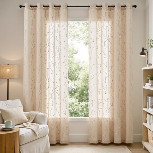 jinchan Beige Leaf Voile Embroidered Curtains 84 Inch Grommet Top 2 Panels - color: Vine Grommet Beige, size: 55"W x 84"L (Pack of 2)