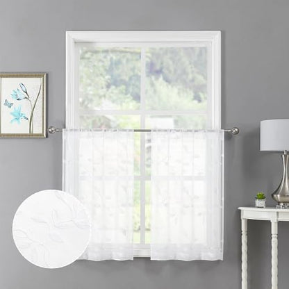 Tollpiz White Leaf Sheer Tier Curtain Kitchen 30 x 36 Inches - color: White, size: 30"W x 36"L (Pack of 2)