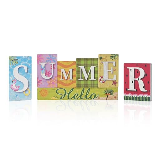Smile 7 Pcs Wooden Decor Summer Indoor Decorations, Hawaii Style, Summer Letter Table Centerpieces for Home Kitchen Seasonal Display - style: Summer