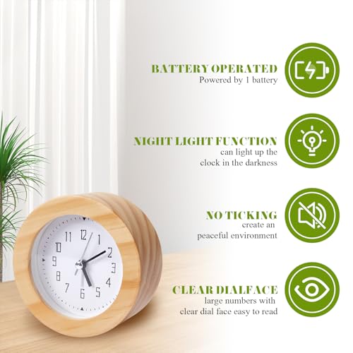 Wooden Analog Alarm Clock Silent Non-Ticking Desk Clock Battery Operated Table Clock with Nightlight for Bedroom,Children's Room, Living Room,Natural(4Inch) - color: Natural Wood