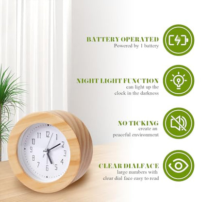 Wooden Analog Alarm Clock Silent Non-Ticking Desk Clock Battery Operated Table Clock with Nightlight for Bedroom,Children's Room, Living Room,Natural(4Inch) - color: Natural Wood