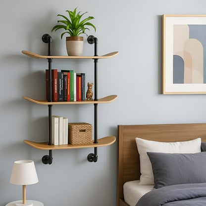 Industrial Pipe Floating Shelf, 3 Tier, Skateboard Decks, Easy Assembly - size: 3 Tier Shelf