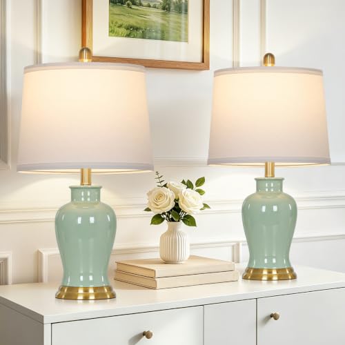 Green Ceramic Lamps Set of 2, Bedroom Lamp with Ginger Jar Design - color: Green