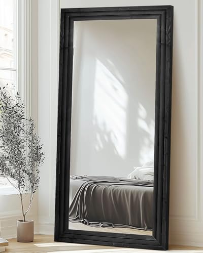 76x34in Full Length Mirror, 3-Tier Stepped Solid Wood Frame, Black - color: Black, size: 76"L x 34"W