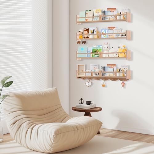 34Inch Nursery Book Shelves Wall Mounted, Floating Book Shelf for Kids Coat Rack with 6 Hooks, Wall Hanging Shelf for Baby Nursery Room Organizer ，Patent Number:US-D1058229-S(4, Burlywood) - color: Burlywood