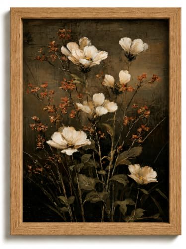 Framed Vintage Dark Floral Wall Art,Dark Moody White Still Life Painting Picture Wall Decor,Retro Rustic Flower Poster Print Artwork,for Living Room Bedroom Bathroom Home Decoration - color: Flowers, size: 10"L x 8"W