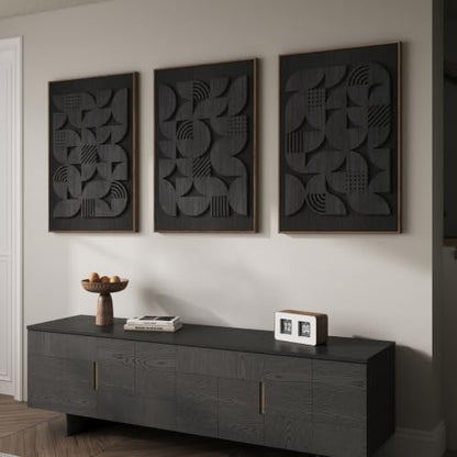 Framed 3D Wood Black Abstract Textured Wall Decor Living Room, 24x36 Inch - color: Black