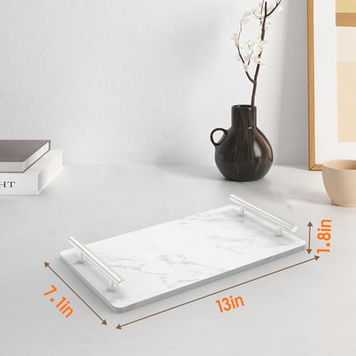 Guest Towel Holder Tray,Marble Bathroom Tray with Handles,Silver,Large - color: Silver, size: 13" x 7.1" x 2"