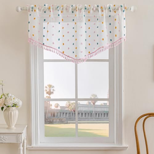 3 Pieces Boho Sheer Valances for Windows, Cute Pom Pom Rod Pocket Light Filtering Short Valance Curtains with Tassels for Nursery Kids Bedroom Bathroom Cafe (Pink B,55"x24") - color: Pink B