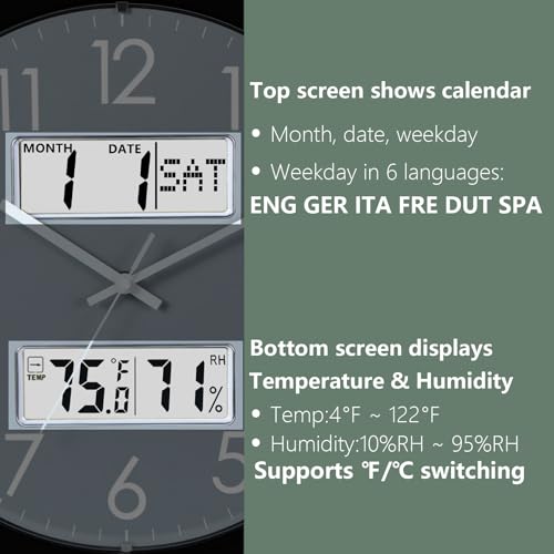 Nbdeal 13-Inch Analog Silent Wall Clock with Calendar Temperature & Humidity (Grey) - color: Gray