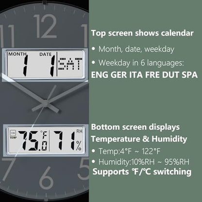 Nbdeal 13-Inch Analog Silent Wall Clock with Calendar Temperature & Humidity (Grey) - color: Gray