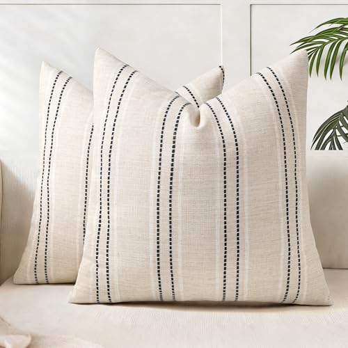 AELS 20x20 Decorative Farmhouse Linen Blend Throw Pillow Covers, Boho Textured Pillow Case, Set of 2, Beige with White & Black Stitch Yarn Dyed Stripe Cushion Cover for Sofa Living Room (Cover ONLY) - color: Beige With White & Black, size: 20" x 20" (Pack