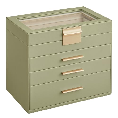 SONGMICS Jewelry Box Organizer, 4-Layer Storage with 3 Drawers, Glass Lid - color: Laurel Green + Gold, size: 4 Layer (6"d X 9.9"w)